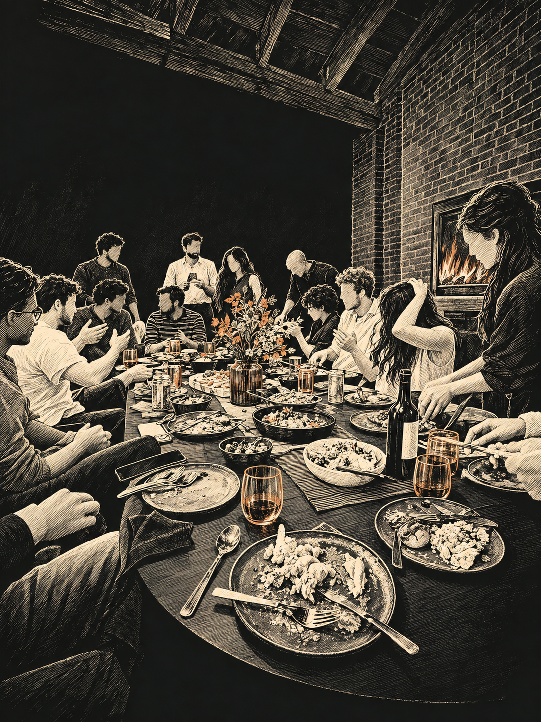 Editorial illustration of guests sharing a meal around a long table, based on a Strange gathering photograph